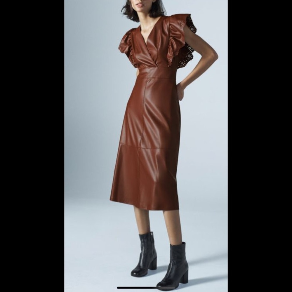NWT Zara Ruffle Sleeve Brown Faux Leather Dress Size S